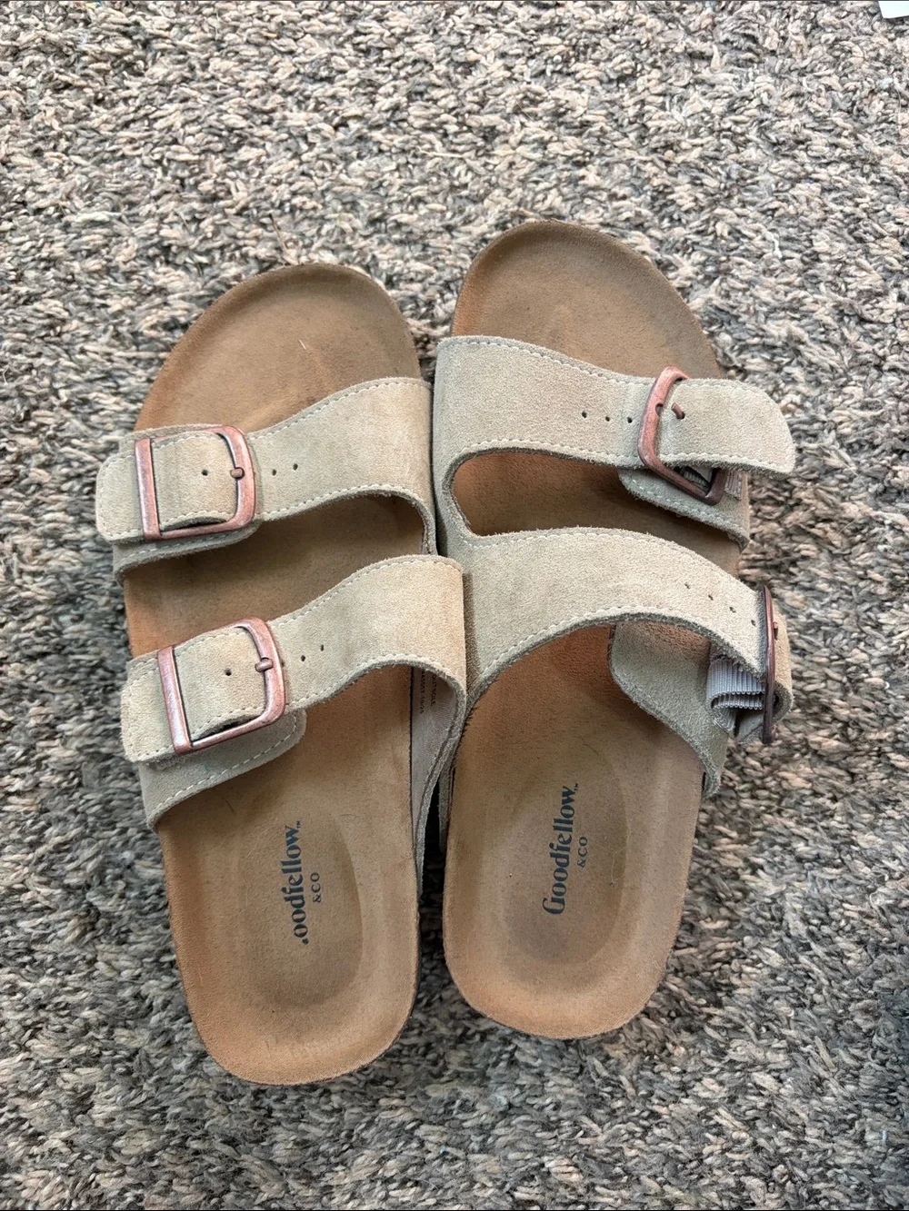 Goodfellow & Co Tan Suede Double Buckle Slide Sandals